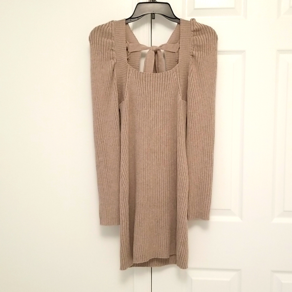 South Moon Under - Promesa Square Neck Rib Long Sleeve Dress, Bow Detail, NWT!